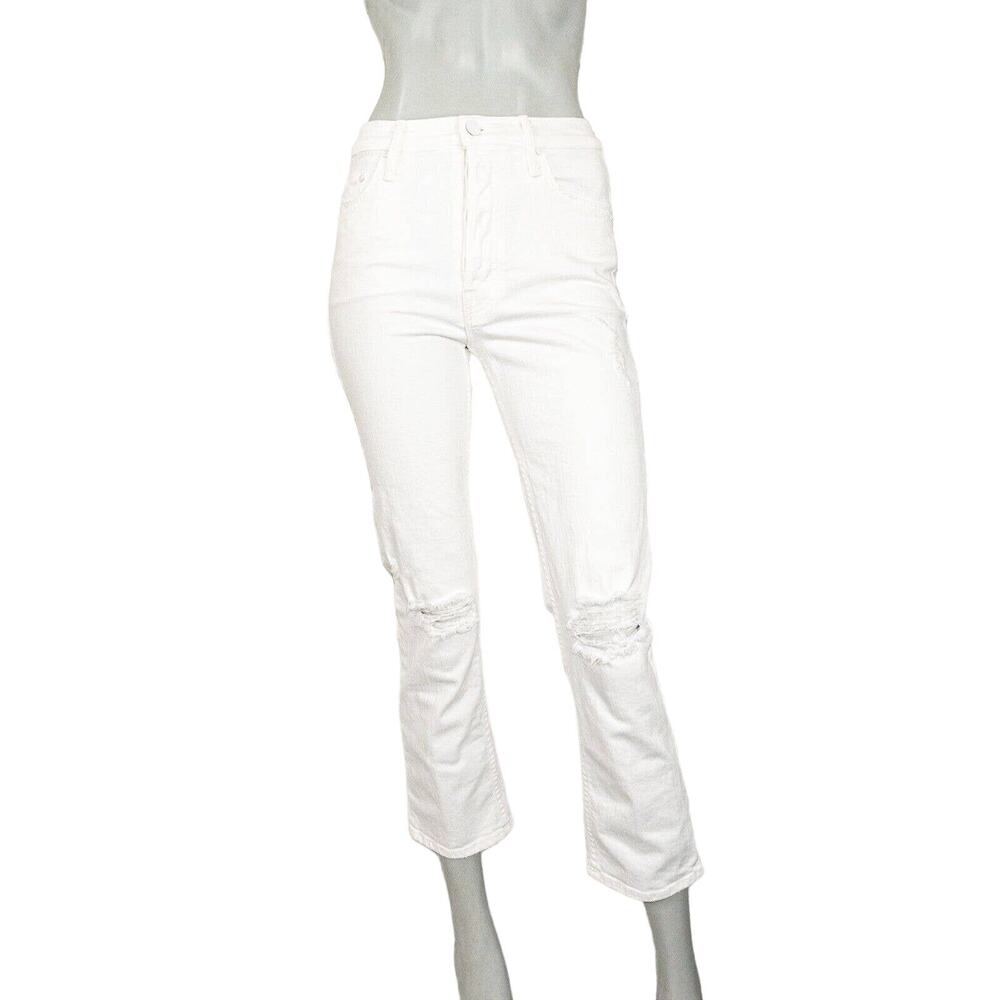 MOTHER Superior Denim High Rise Cropped Jeans in White Ripped Knee Women's 26